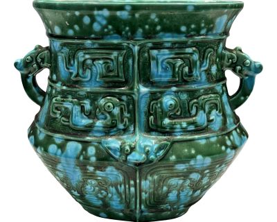 Vintage Handmade Signed 1966 Mayan Asian Style Turquoise and Kelly Green Pottery, Vase, Vessel