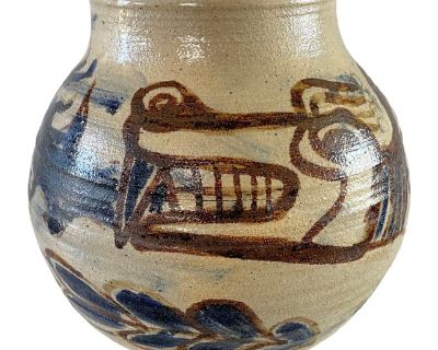 Mid 20th Century Rustic Glazed Stoneware Pot With Dragon Motif