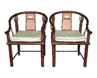 Pair of Faux Bamboo Interior Craft's of Chicago Armchairs in Green Upholstery