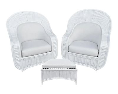 Mid 20th Century Ficks Reed Style Large Split Rattan Fan Back Club Chairs and Ottoman - 3 Pieces