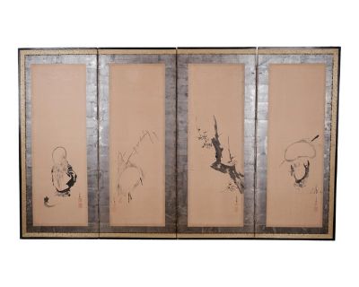 19th Century Byobu in Good condition overall with some open and tape repaired tears on the back Japanese Byobu "Wisdom & Nature" 4-Panel Screen Painted by Many Artists Tabletop or Wall Hanging Enchanting and Beautiful Fine Asian Collector Item fully opened the screen measures approximately 77" wide x 47" tall each panel is approximately 19" to 19 1/2" wide x 47" tall ---------------------------...