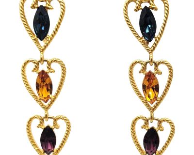 Vintage 1995 Signed Napier Faux-Sapphire, Citrine & Amethyst Chandelier Clip Earrings - 2 Pieces