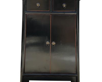 Chinese Distressed Gloss Black Tall Slim Side End Table Nightstand