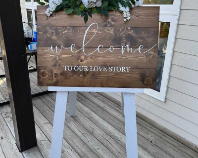 Wooden Welcome Sign, Wooden Easel, and Floral Swag