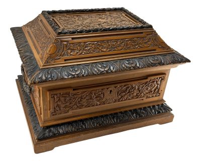 19th Century Renaissance Revival French Carved Wood Casket Box by Fichet Paris