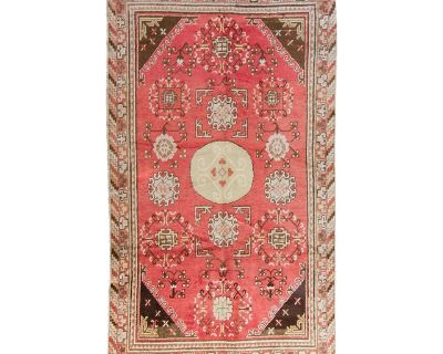 1930s Vintage Khotan Tribal Distressed Handwoven Salmon Wool Hand-Knotted Rug - 4'5" X 7'7"