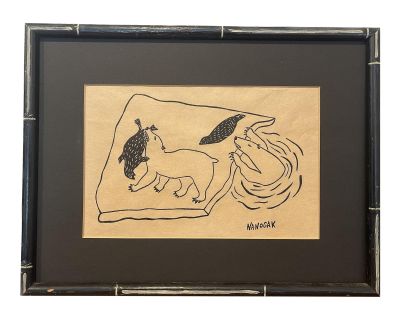 Vintage Modernist Stonecut Print of Polar Bears Signed by Agnes Nanogak, Framed