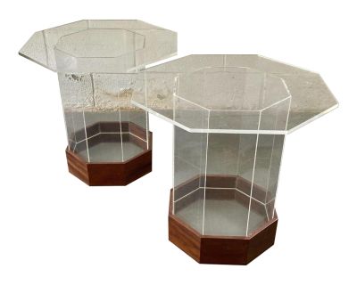 Pair of Unique Vintage Mid Century Teak and Acrylic End Tables