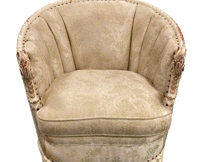 Early 20th Century Louis XVI Style Marquis Barrel Back Club Chair With Carved Wooden Accents