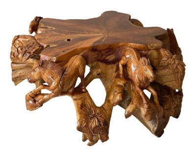 1980s Hand Carved Horse Boho Equestrian Wood Teak Root Coffee Table