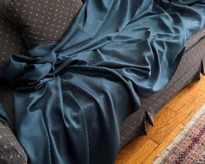 I have two pieces of blue 45-inch fabric (similar to rayon) that I once used as part of window treatments. Each is 12 feet long. After use I had them drycleaned and stored. They can be used as I used them, draped over rods as an old photo here shows, or for other projects.