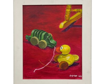 Charming and nostalgic,this original painting by artist Amy Lee (signed and dated 10/06) depicts two classic wooden pull toys - a green alligator and a yellow duck - set against a bold red background. The composition captures the warmth and whimsy of childhood play, rendered with expressive brushwork and vivid color contrast. The artwork is presented in its original white frame with subtle bead...