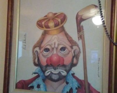 In frame great condition hangs on my wall wanting to sell to someone who likes art paintings of his work this one is a sad face clown.