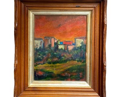 Mid 20th Century Original Mid Century Abstract Landscape Oil Painting in Antique Carved Wood Frame