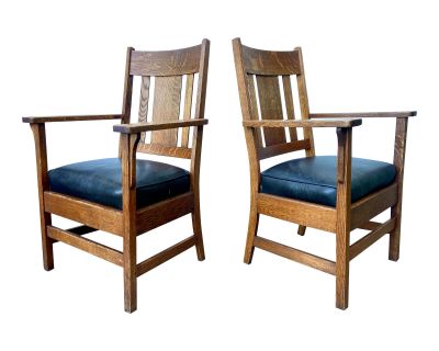 1930s Pair of Old Mission Oak Craftsman Arm Chairs Made by Peck & Hills
