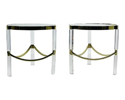 1970s Pair of Lucite & Brass Side Tables by Charles Hollis Jones "Classic Wolf Table"