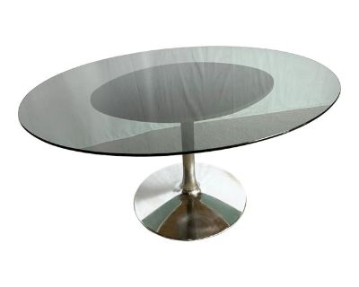 Mid Century Modern Smoked Glass Chrome Tulip Dining Table