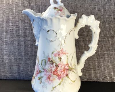 A108 Antique Brunswick Germany Porcelain Carnation Flower Ornate Chocolate Pot With Lid