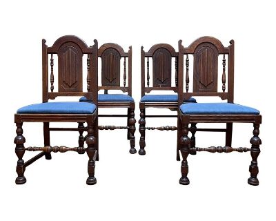 Mid 19th Century Vintage Oak English Revival Dining Chairs - Set of 4