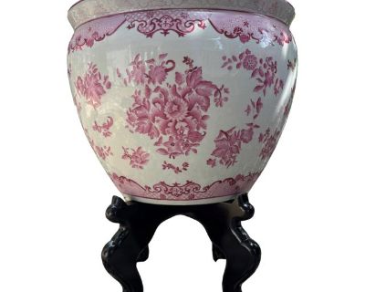 Vintage Chinese Pink Floral Fish Bowl Planter on Black Stand