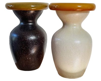 Mid-Century Mouth Blown Bulbous Glass Vases in Brown, White and Ocre, a Pair