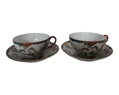 Antique Chinoiserie Hand Painted Cup and Saucers Tame and Nakamuran Set- 4 Pieces