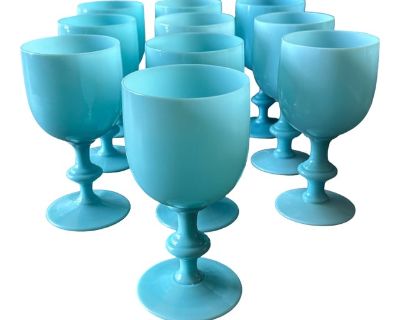 1930s Vintage Portieux Vallerysthal French Turquoise Blue Opaline Wine or Water Goblets- Set of 10