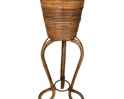 Vintage Italian Gabriella Crespi Style Pencil Reed Rattan Plant Stand Wine Cooler