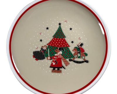 1980s Epoch “Holiday Joy” Dinner Plate - Red Band, Quilted Xmas Tree, Gray Stars & Toys, People