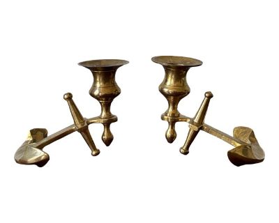 Mid 20th Century Nautical Brass Ship’s Anchor Candle Holders— A Pair