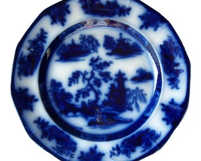 Chapoo Pattern by John Wedgwood: Antique Ironstone Transferware Flow Blue 12- Panel Plate, Circa 1850