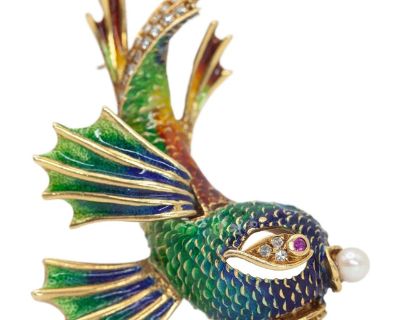 Mid 20th Century Vintage Italy 18k Yg Diamond Enamel Fish Pin Brooch