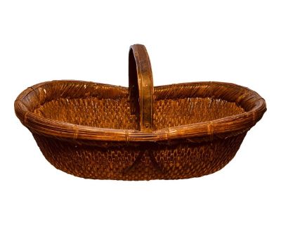 Antique 19Th Century French Harvest Gathering Basket Woven With Curved Wood Handle & Rim