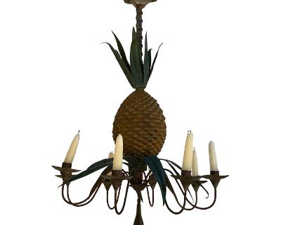 Antique Painted Pineapple Tole and Zinc Candle Chandelier