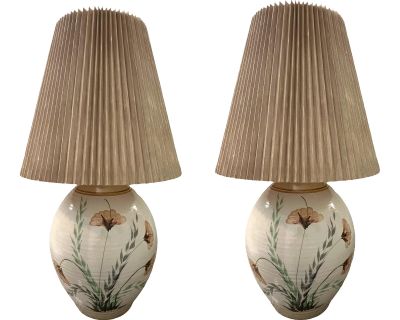 Pair of Vintage Mid-Century Modern Stoneware Ceramic Table Lamps Shades Studio Pottery 1960s