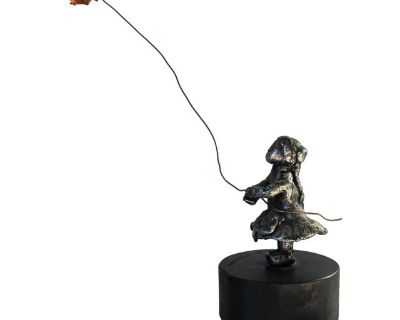 Vintage Metal Sculpture of Girl Flying Copper Kite