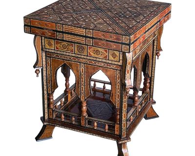 1900s Inlaid Moorish Square Game Table With Pivoting Handkerchief Top