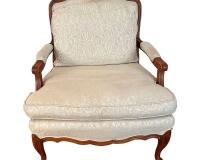 White/cream Louis XVI, bergere, provincial style chair with extra back cushion.. Dimensions 29 W 31 D 34 H Styles Louis XVI Seat Interior Width 25.0 in Seat Height 18.0 in Number of Seats 1 Seat Interior Depth 20.0 in Period Late 20th Century Item Type Vintage, Antique or Pre-owned Shop Sustainably with Chairish Materials Wood Condition Good Condition, Original Condition Unaltered, Some Imperfe...