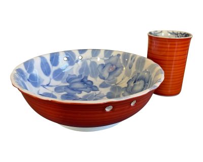 Vintage Noodle Bowl With Chopstick Holder and Coordinating Cup in Bright Orange Swirl Pattern With Interior Blue Floral Designs