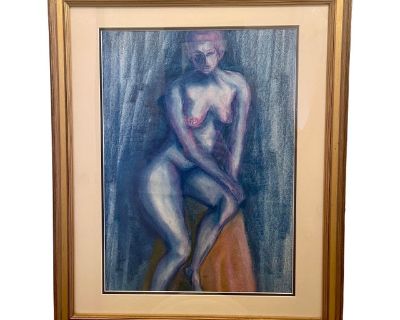 Vintage Cobalt Blue Nude Female Figure Study Framed Painting