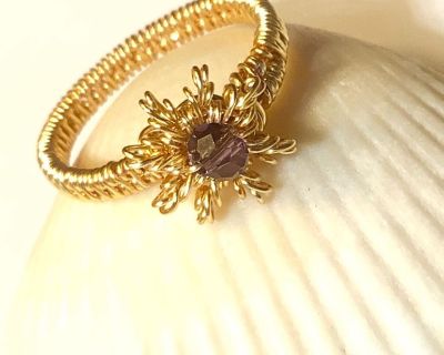 Gold Flower Ring with Purple Crystal