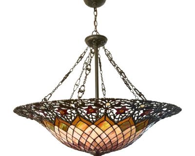 Late 20th Century Tiffany-Style Stained Glass Inverted Dome Chandelier With Floral Detail