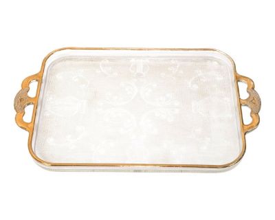 1930s Art Deco Crystal Gold Ruffled Edge Butler Tray Platter Musical Instruments Decor