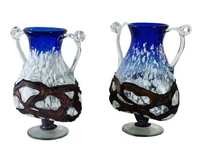Antique Bohemian Mouth-Blown Handled Vases in Blue and White Confetti Lava Glass With Bronze Casing, a Pair