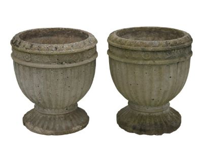 Vintage Neoclassical Style Fluted Cast Stone Footed Garden Urns-a Pair