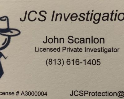 JCS Investigations 
Agency License # A3000004
(813) 616-1405

Our experienced security personnel can perform armed patrols around your business, community, or personal residence,  among other benefits, it helps deters threats and provides access control.

Background Checks
Ensure the safety of your home or organization. From potential employees to household helps. If you need a thorough backgro...