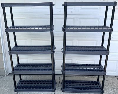 Set of 2 Plano Heavy Duty plastic interlocking 5 Shelf storage Racks