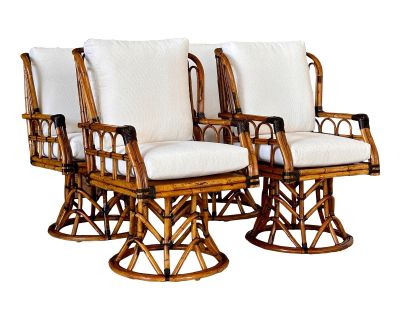 Mid-20th Century Restored Custom Upholstered Rattan Swivel High Back Arm Dining Chairs-Set of Four