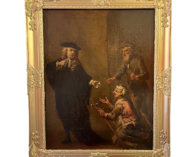 Late 18th Century Original Antique Oil Painting in Canvas, Genre Scene, Gold Frame