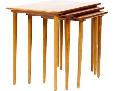 1960s Danish Modern Mid Century Vintage Teak + Beech Nesting Tables — Set of Three